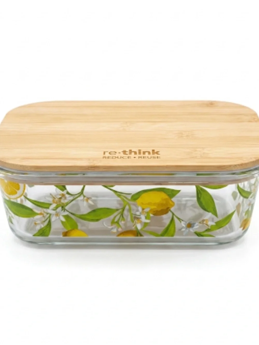 Glass food container with lemon pattern & bamboo lid, 9” x 6.5